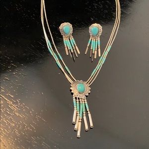 Turquoise liquid silver necklace and earring set